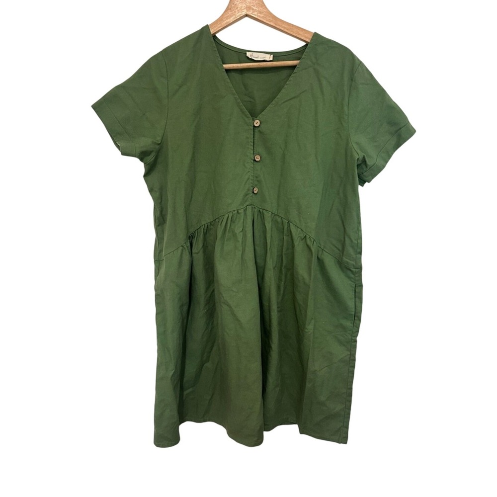 Women's Olive Green Midi Dress with V-Neck and Button Detail 100% linen